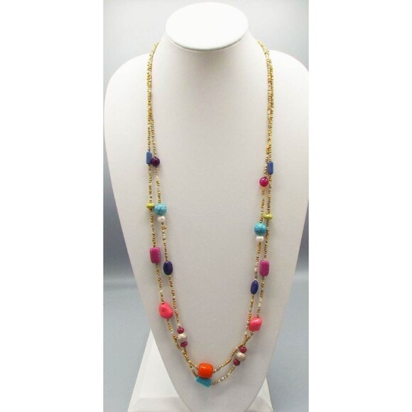 Chico's NWT Double Strand Colorful Colorblock Seed Bead Long 41.5" Necklace - Picture 2 of 6